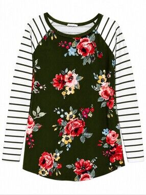 Reb & J. 220 Green Olive Floral & Stripe Long Sleeve Top Size XLarge